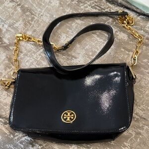 Tory Burch Glossy Black Crossbody Bag with Gold Chain